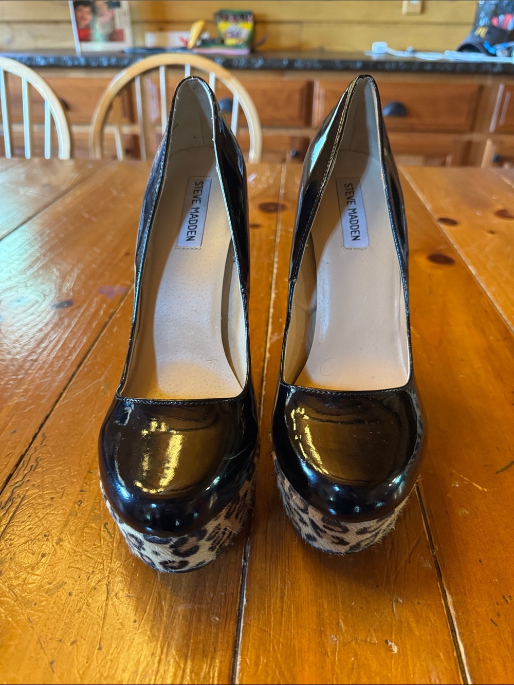 Steve Madden Black Patent Platform Pumps with Leopard-Print Platform